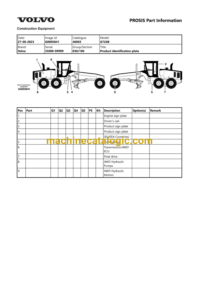 Volvo G726B Motor Grader Parts Catalog