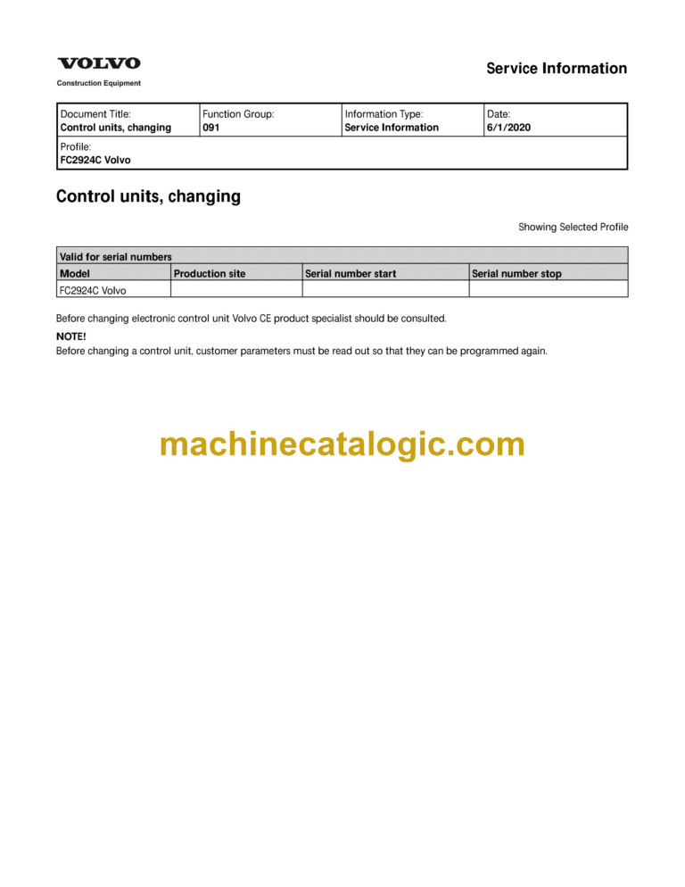 Volvo FC2924C Hydraulic Crawler Excavator Service & Repair Manual
