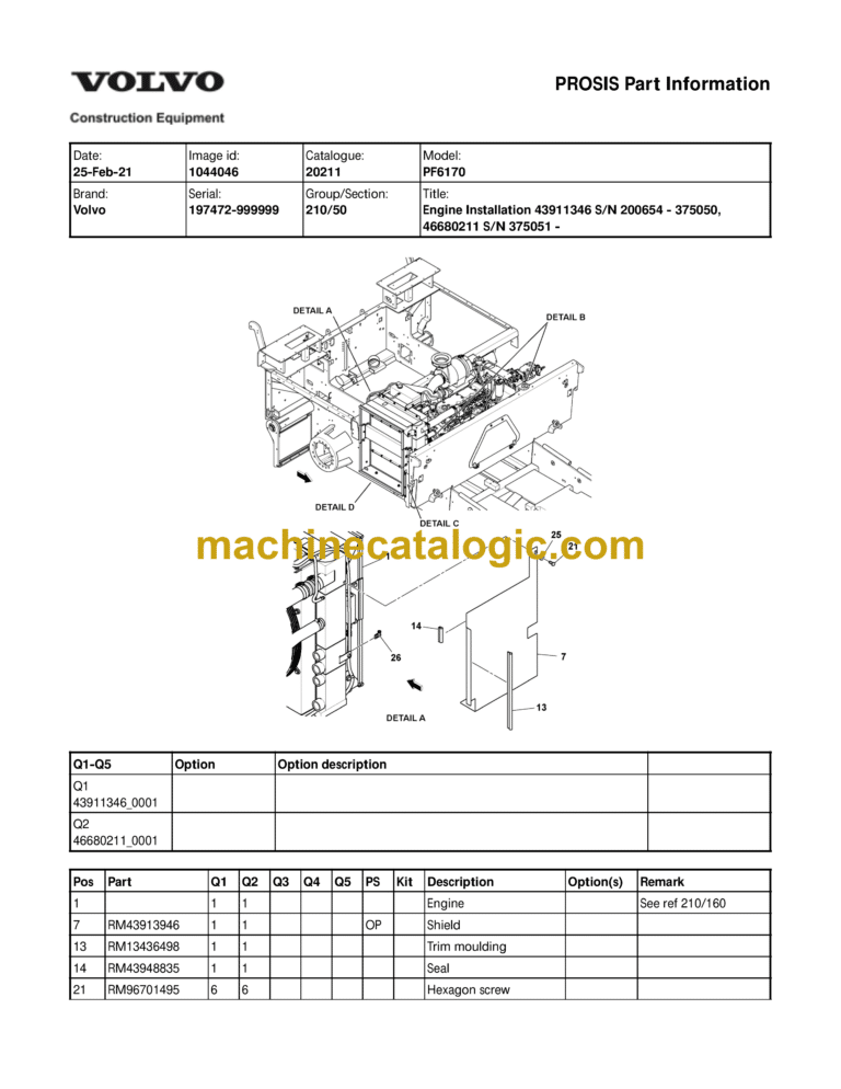 Volvo PF6170 Wheeled Paver Parts Catalog