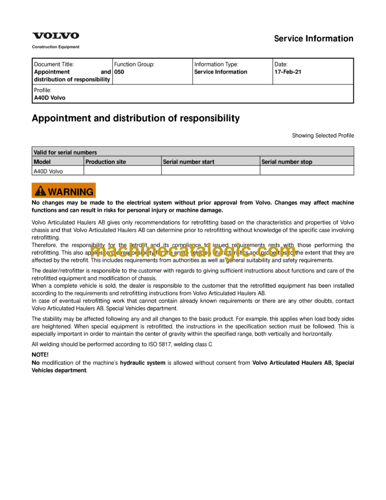 Volvo A40D Articulated Hauler Dump Truck Service & Repair Manual