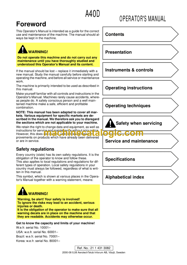 Volvo A40D Articulated Hauler Dump Truck Operator's Manual