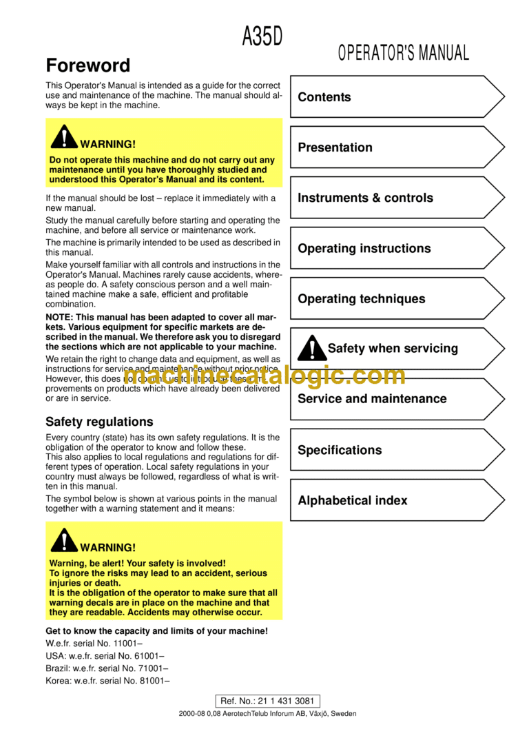 Volvo A35D Articulated Hauler Dump Truck Operator's Manual