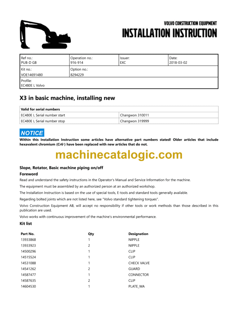 Volvo EC480EL Hydraulic Crawler Excavator Service &amp; Repair Manual