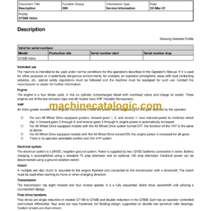 Volvo G730B Motor Grader Service & Repair Manual
