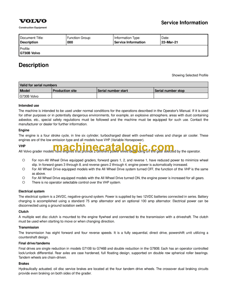 Volvo G730B Motor Grader Service & Repair Manual