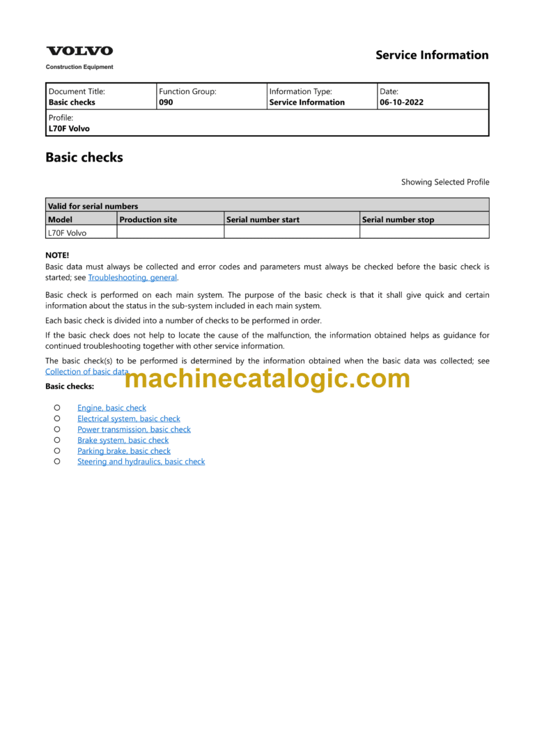 Volvo L70F Wheel Loader Service & Repair Manual