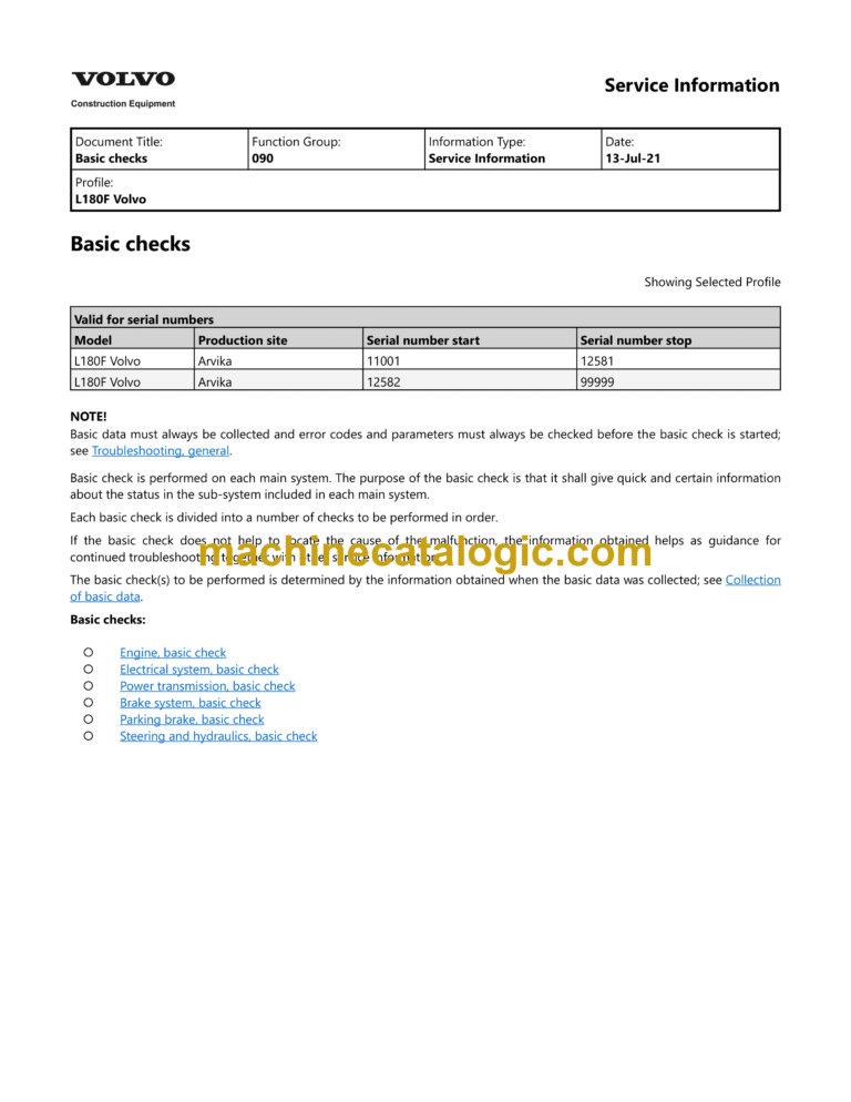 Volvo L180F Wheel Loader Service & Repair Manual