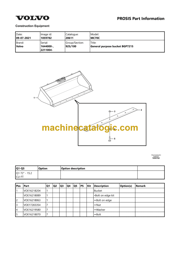 Volvo MC70C Skid Steer Loader Parts Manual