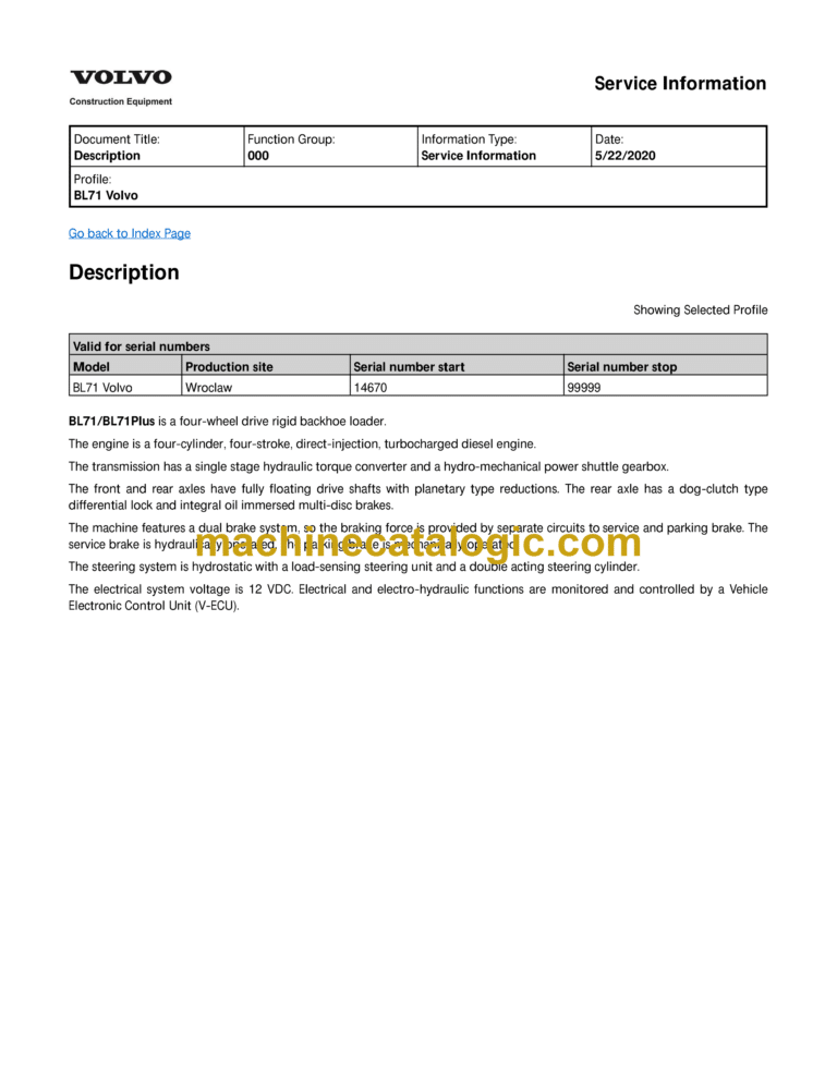 Volvo BL71 Backhoe Loader Service and Repair Manual