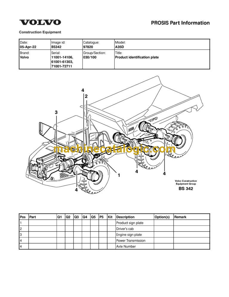 Volvo A35D Articulated Hauler Dump Truck Parts Manual