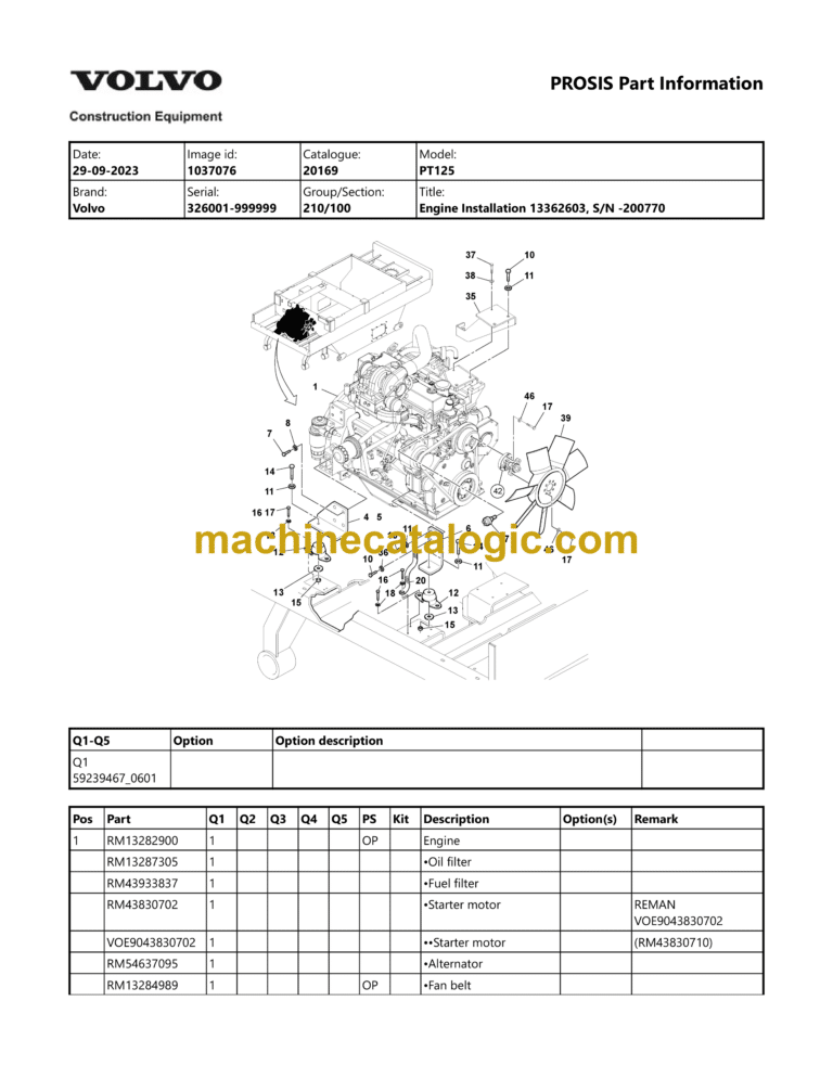Volvo PT125 Asphalt Compactor Parts Manual