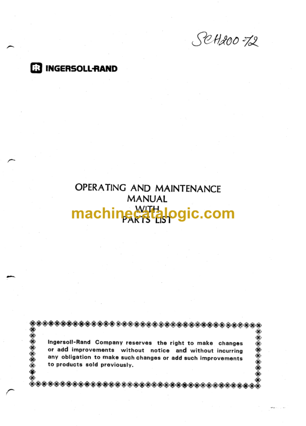Atlas Copco SCH200-12 Operation, Maintenance and Parts Manual