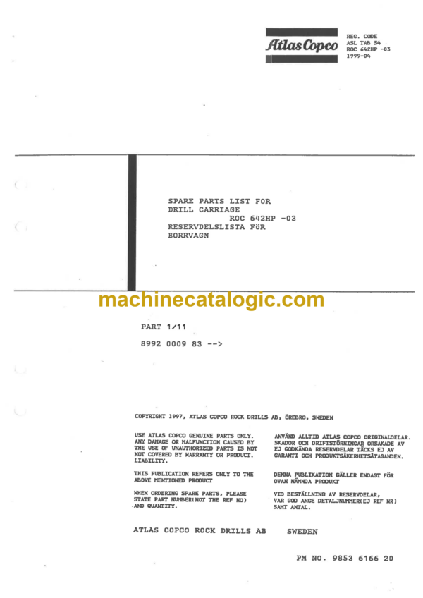Atlas Copco ROC 642HP-03 Drilling Rig Parts Catalog