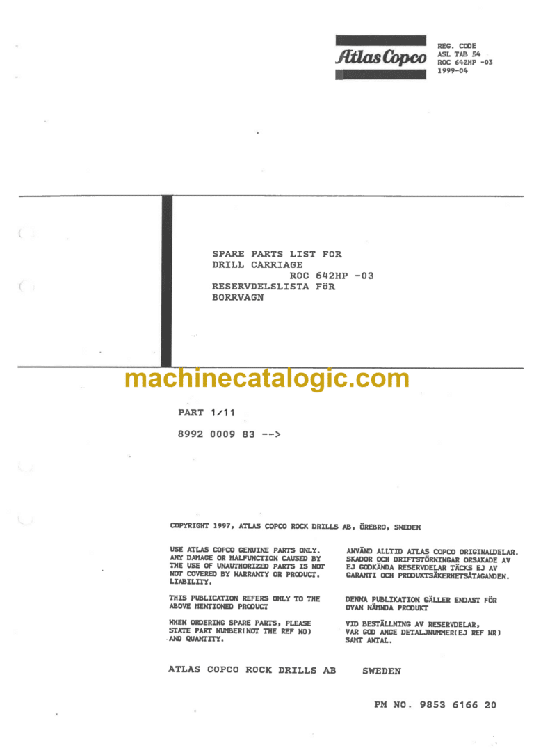 Atlas Copco ROC 642HP-03 Drilling Rig Parts Catalog