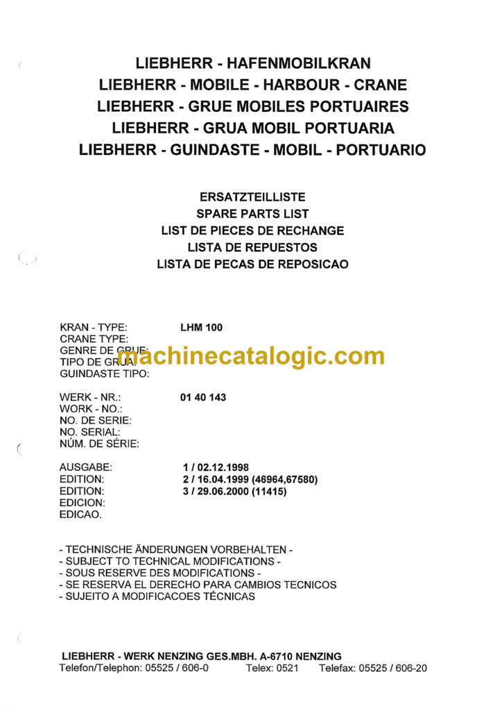 Liebherr lhm 100 mobile harbour crane spare parts list en de
