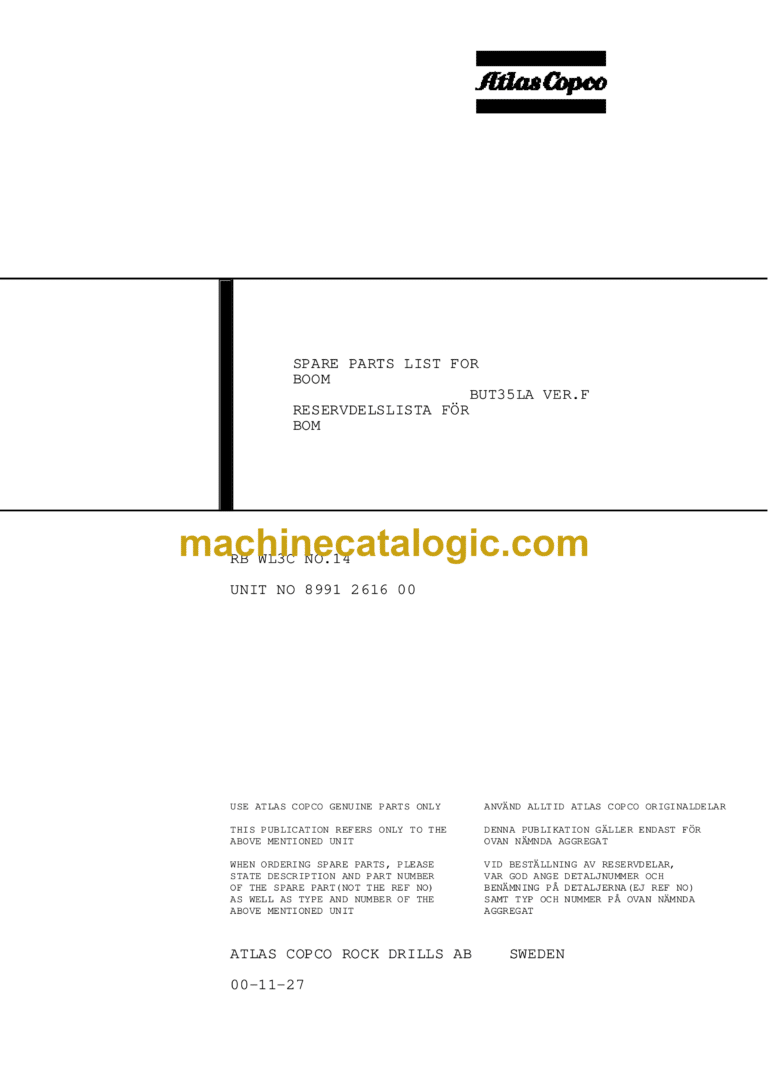 Atlas Copco RB WL3C No.14 Rocket Boomer Parts Catalog