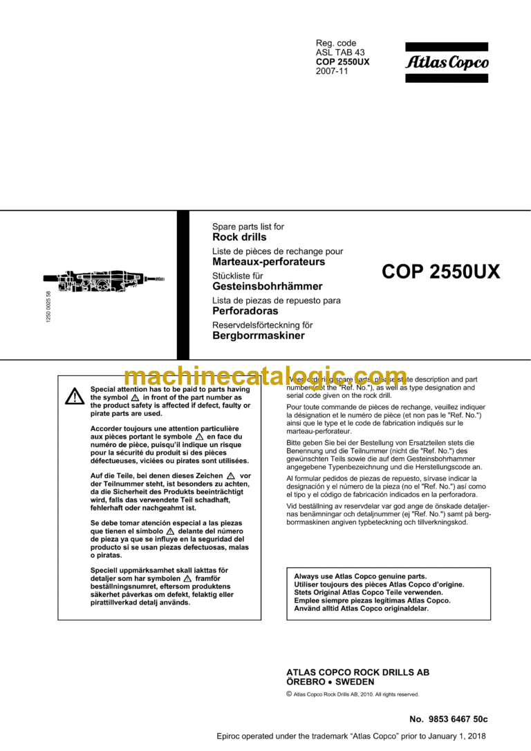 Atlas Copco COP 2550UX Hydraulic Rock Drill Parts Catalog