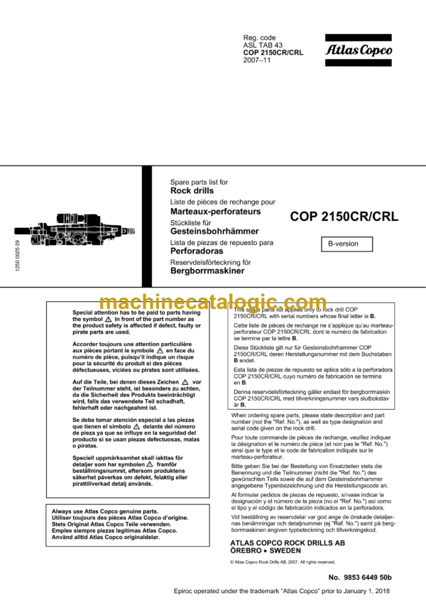 Atlas Copco COP 2150CR, 2150CRL Hydraulic Rock Drill Parts Catalog