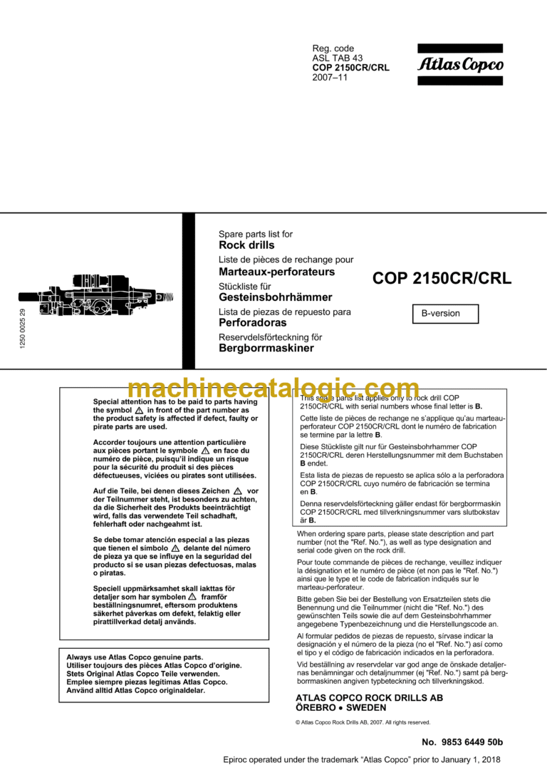 Atlas Copco COP 2150CR, 2150CRL Hydraulic Rock Drill Parts Catalog