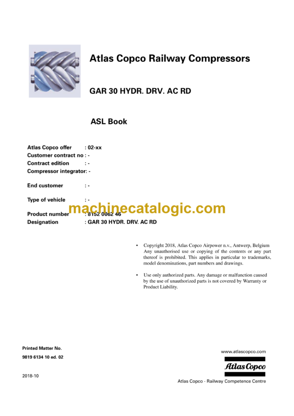 Atlas Copco GAR 30 HYDR. DRV. AC RD Parts Catalog