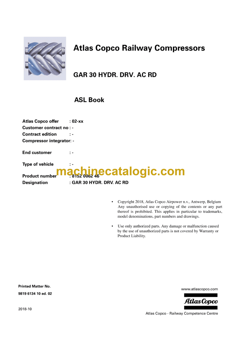 Atlas Copco GAR 30 HYDR. DRV. AC RD Parts Catalog