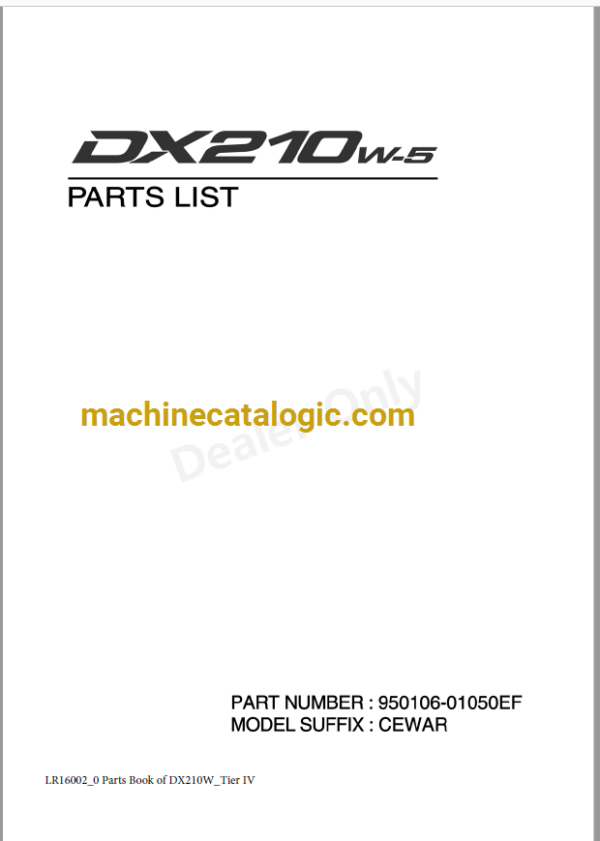 Doosan DX210W-5 Tier 4 Excavator Parts Manual