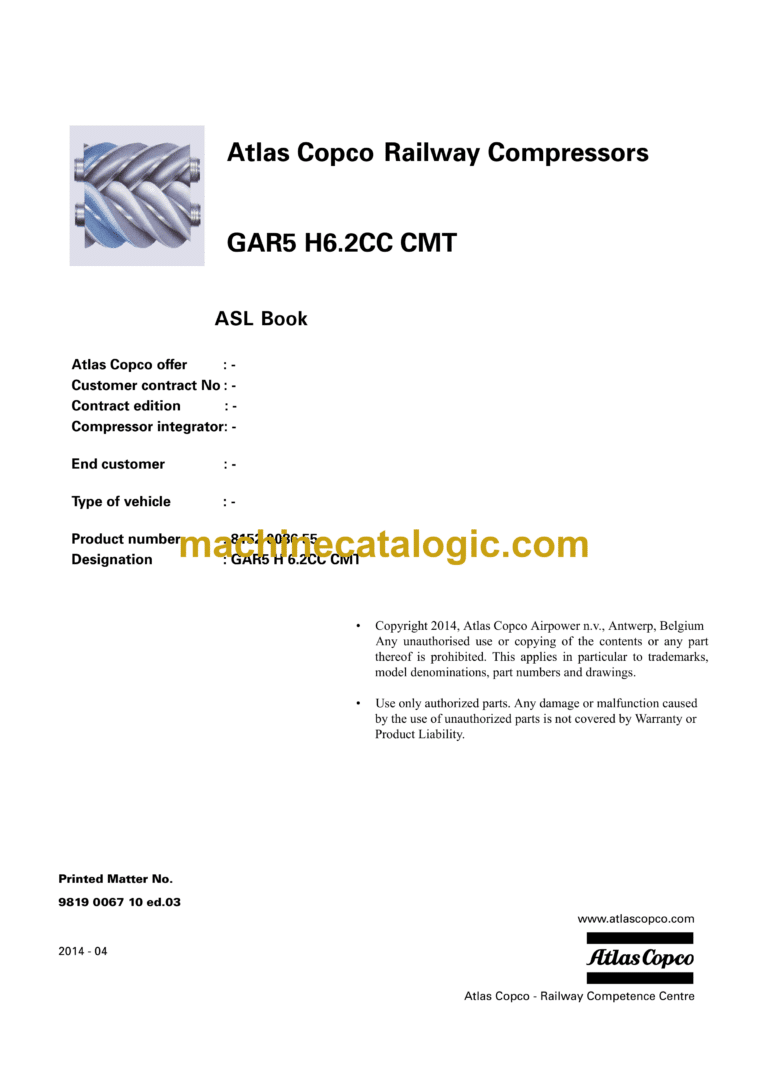 Atlas Copco GAR5 H6.2CC CMT Parts Catalog