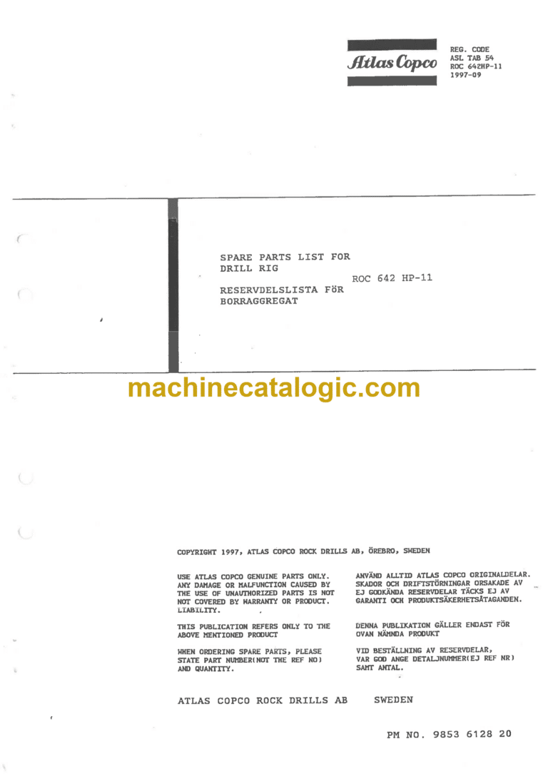 Atlas Copco ROC 642 HP-11 Drill Rig Parts Catalog