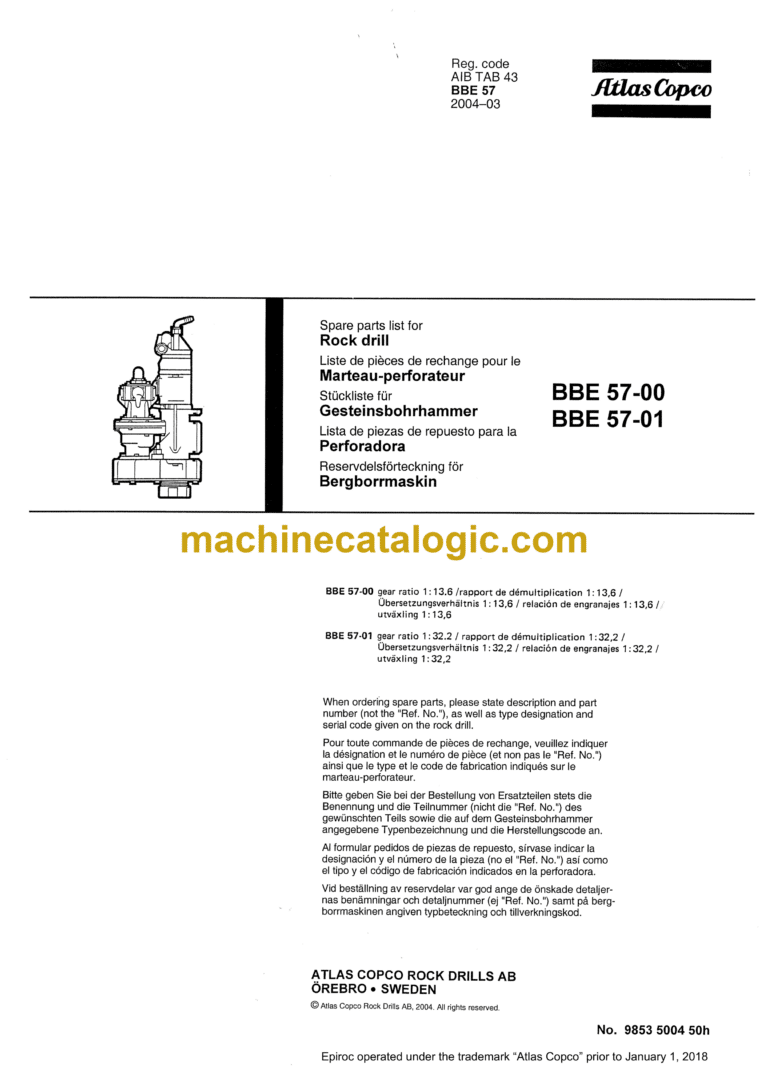 Atlas Copco BBE 57-00, BBE57-01 Rock Drill Parts Catalog