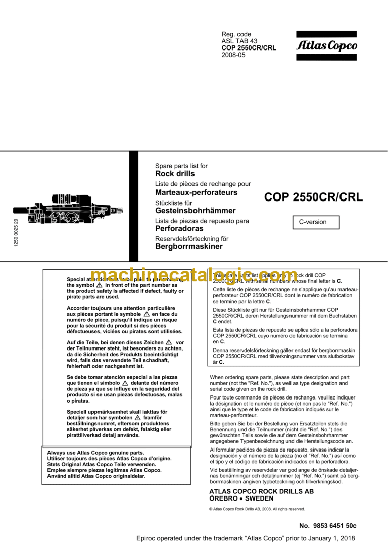 Atlas Copco COP 2250CR, 2250CRL Hydraulic Rock Drill Parts Catalog
