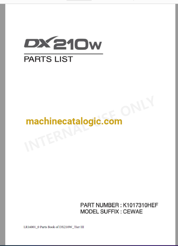 Doosan DX210W Tier 3 Excavator Parts Manual