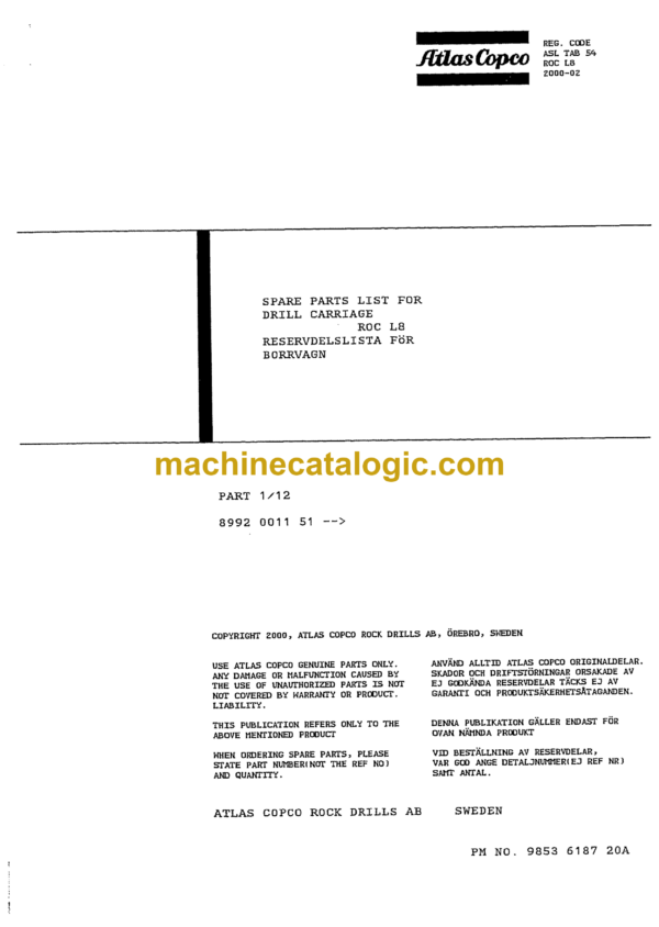 Atlas Copco ROC L8 Drill Rig Parts Catalog