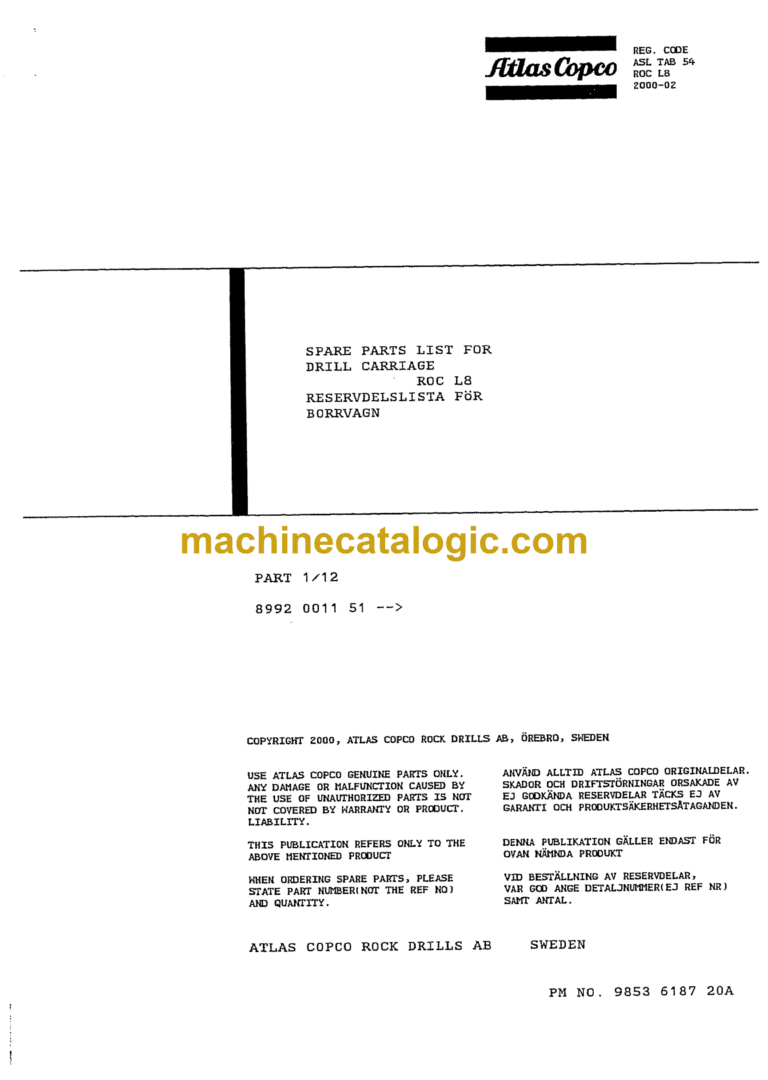 Atlas Copco ROC L8 Drill Rig Parts Catalog