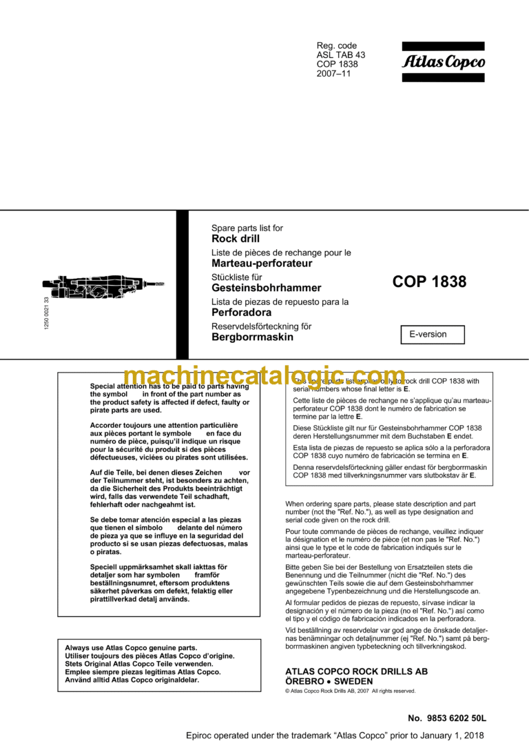 Atlas Copco COP 1838 Hydraulic Rock Drill Parts Catalog