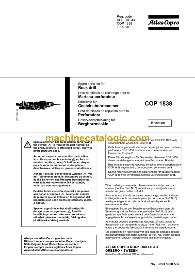 Atlas Copco COP1838 Version B Hydraulic Rock Drill Parts Catalog