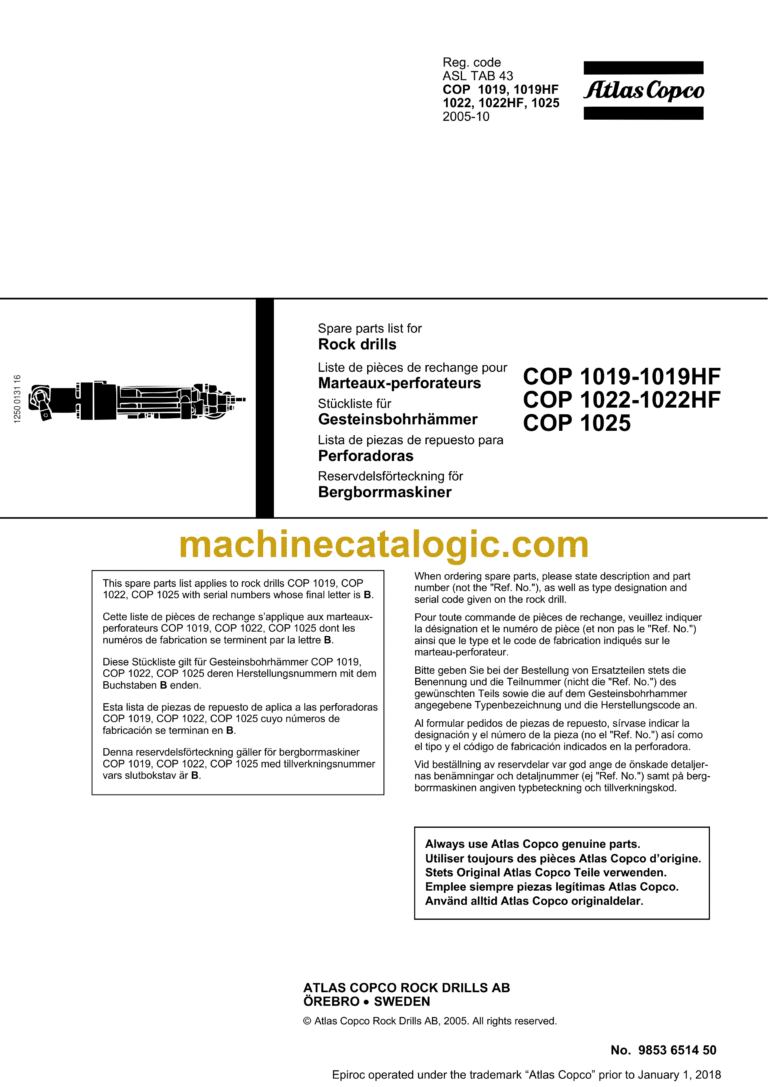 Atlas Copco COP 1019-1019HF COP 1022-1022HF COP 1025 Hydraulic Rock Drill Parts Catalog
