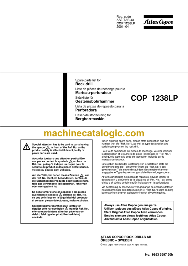 Atlas Copco COP 1238LP Hydraulic Rock Drill Parts Catalog
