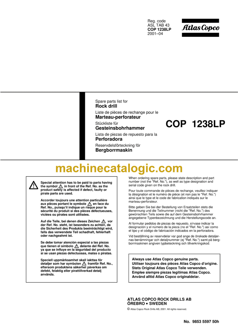 Atlas Copco COP 1238LP Hydraulic Rock Drill Parts Catalog