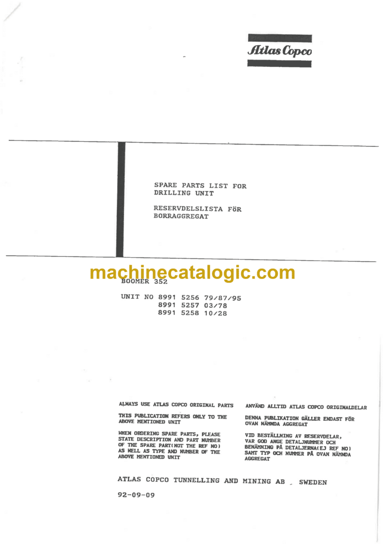 Atlas Copco Boomer 352 Parts Catalog