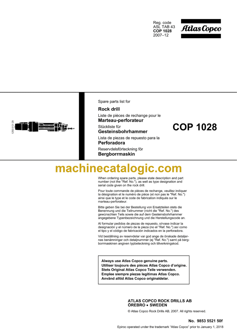 Atlas Copco COP 1028 Hydraulic Rock Drill Parts Catalog