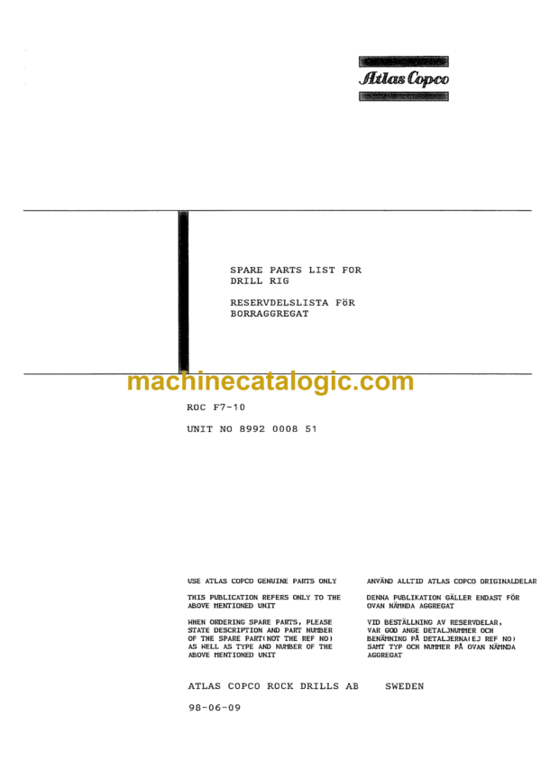 Atlas Copco ROC F7-10 Drilling Rig Parts Catalog