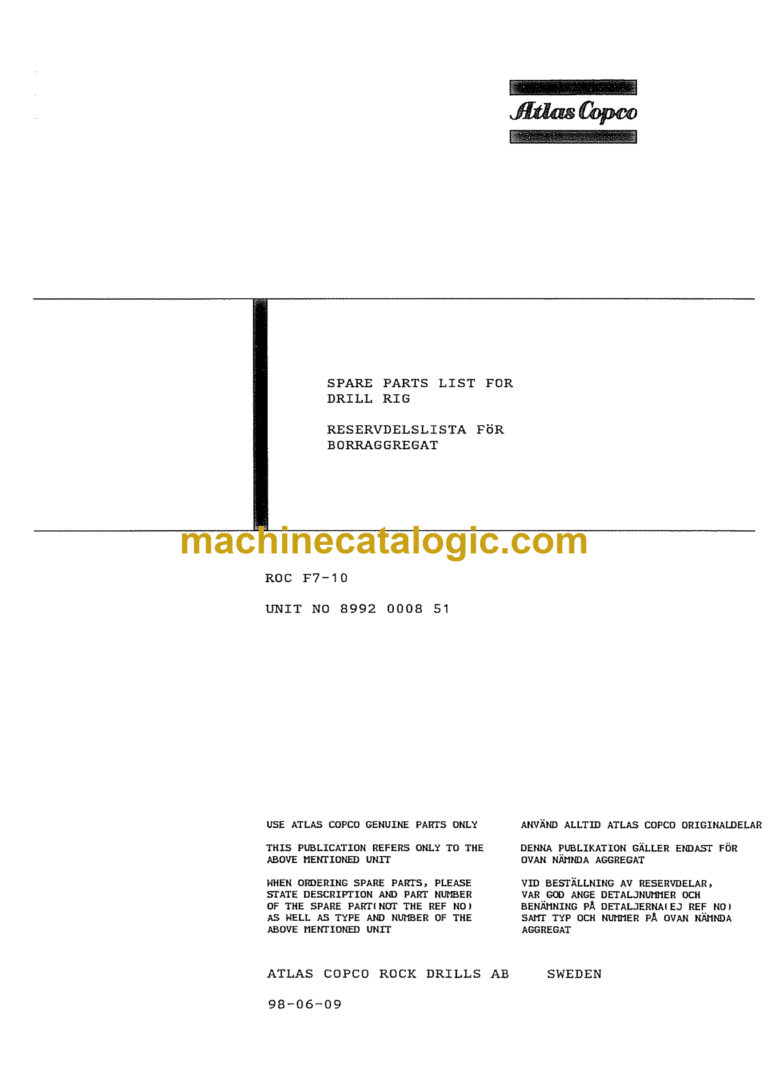 Atlas Copco ROC F7-10 Drilling Rig Parts Catalog