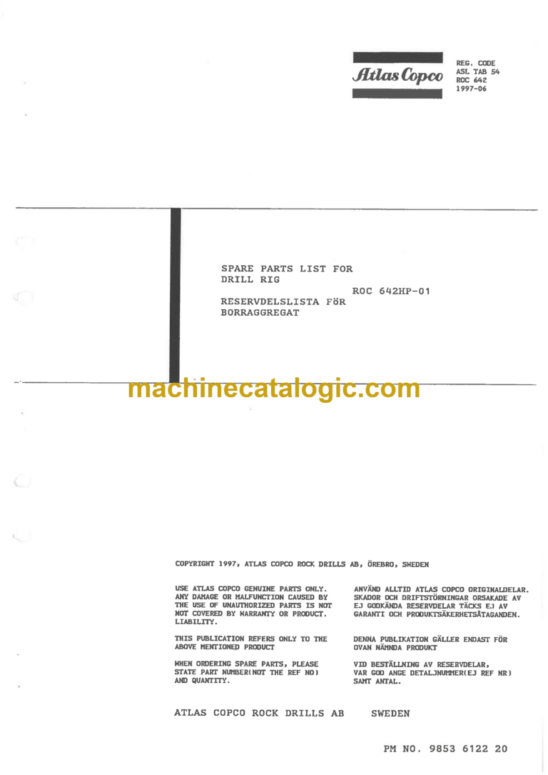 Atlas Copco ROC 642HP-01 Drilling Rig Parts Catalog