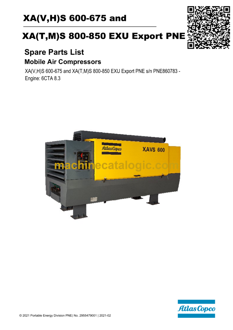 Atlas Copco XA(V,H)S 600-675 and XA(T,M)S 800-850 EXU Export PNE Mobile Air Compressors Parts Catalog