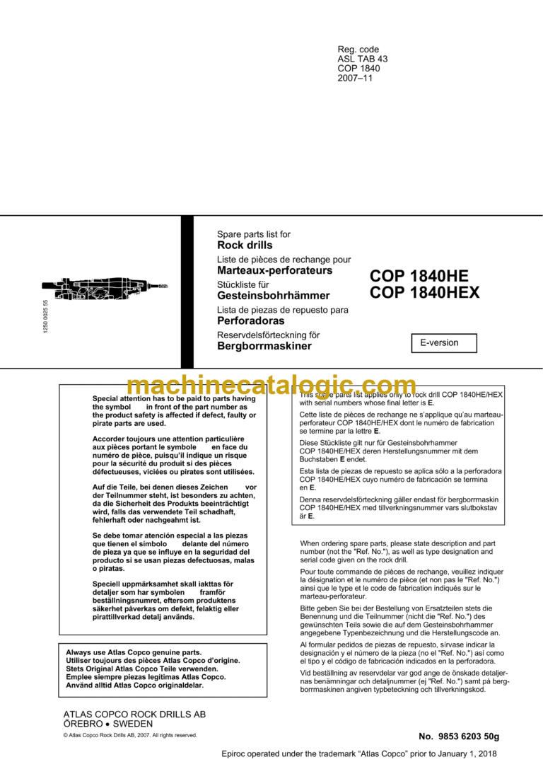 Atlas Copco COP 1840HE, COP 1840HEX Hydraulic Rock Drill Parts Catalog