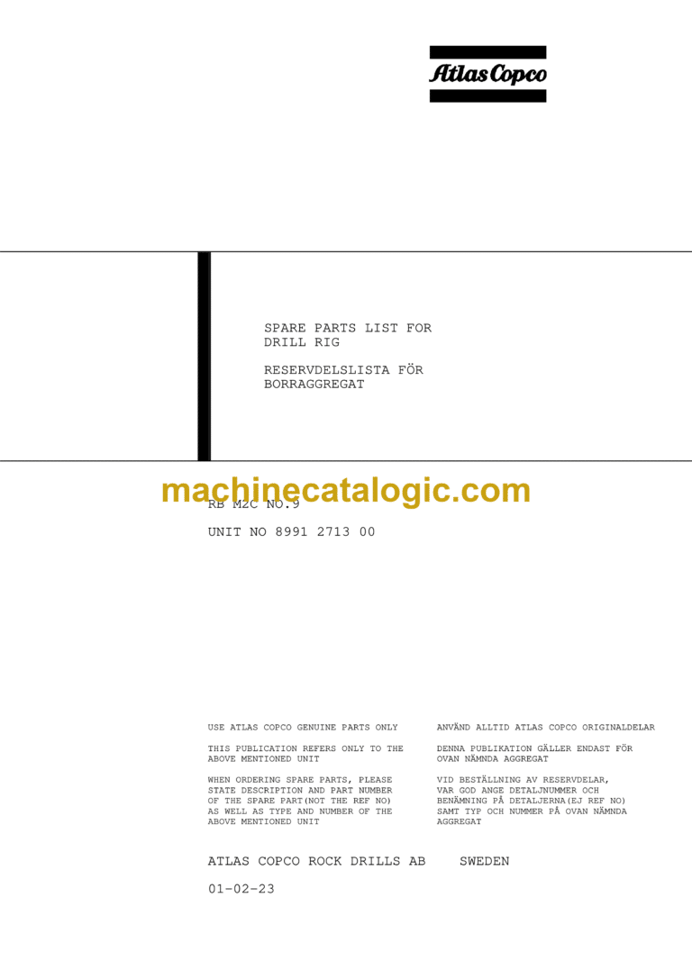 Atlas Copco RB M2C Rocket Boomer Parts Catalog