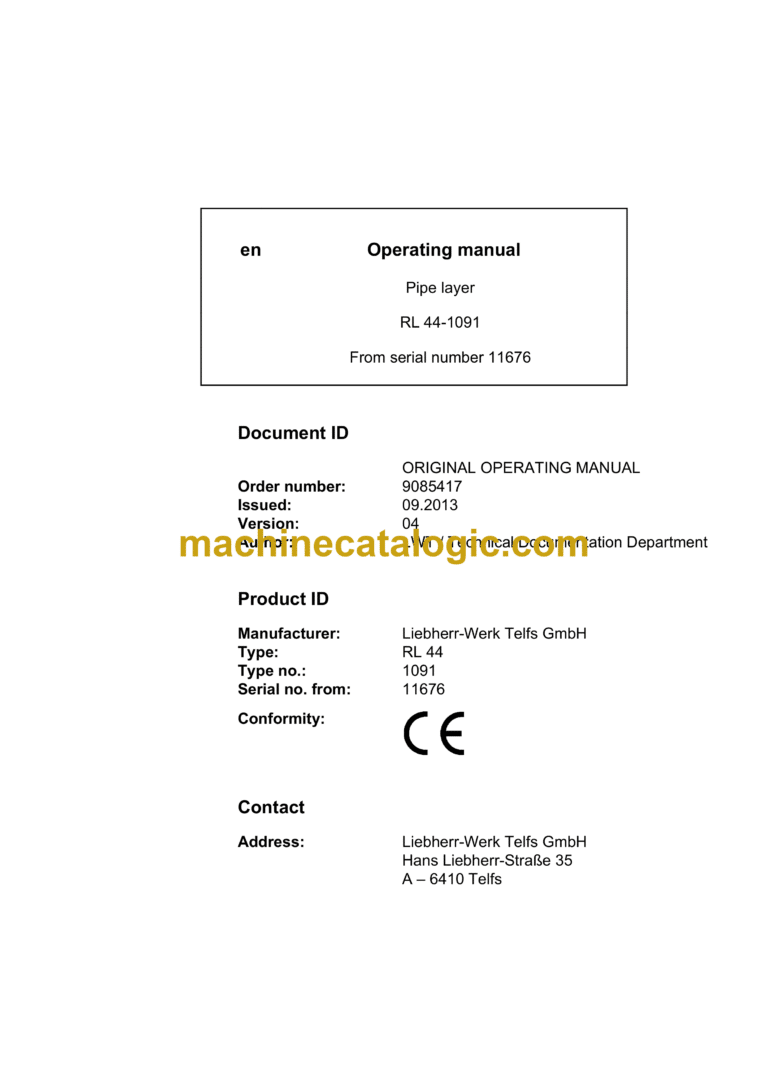 Liebherr RL 44-1091 Pipe Layer Operating Manual (From SN 11676)