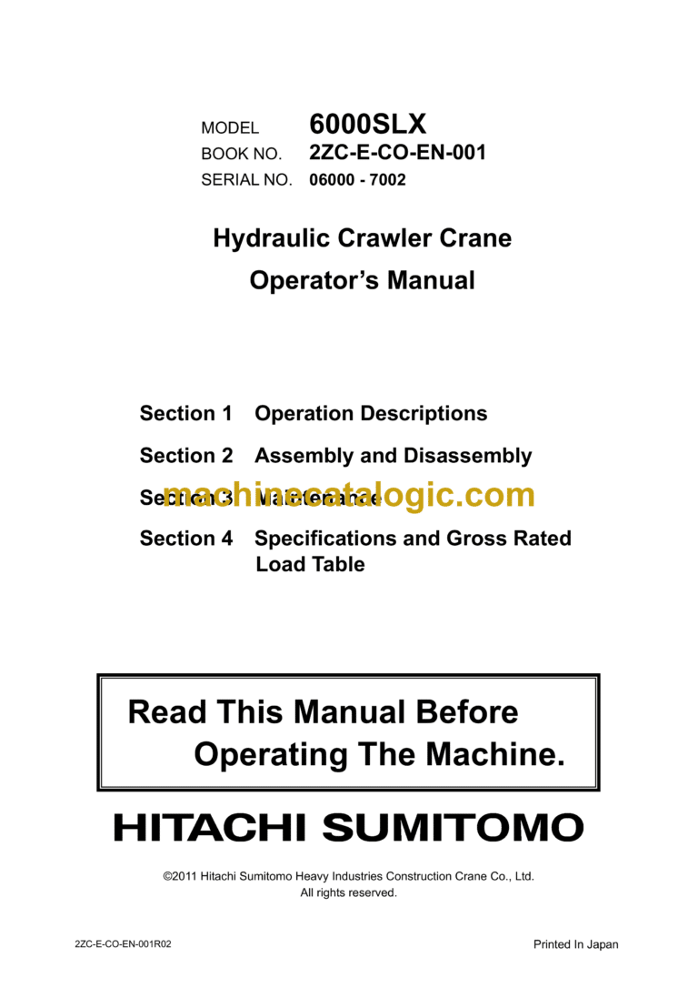 Hitachi Sumitomo 6000SLX Hydraulic Crawler Crane Operator's Manual