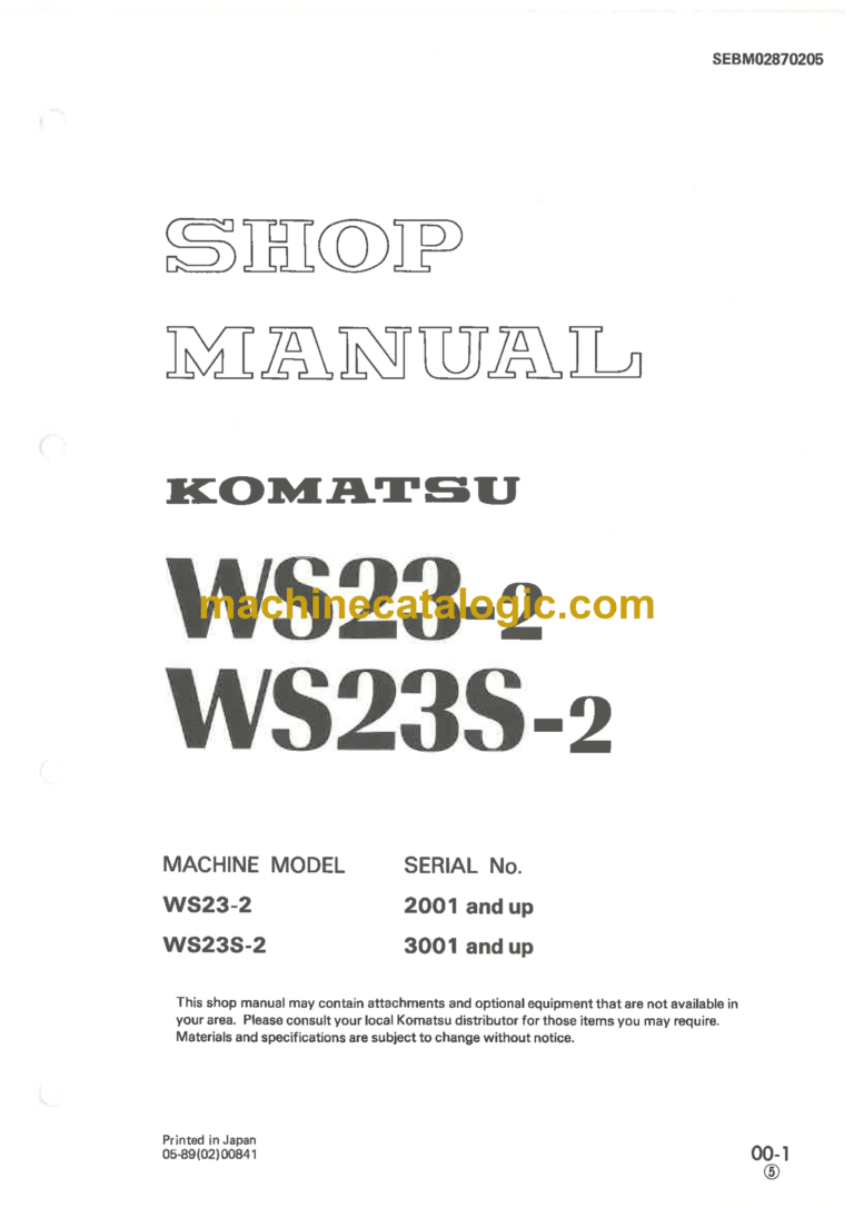Komatsu WS23-2, WS23S-2 Motor Scraper Shop Manual (SEBM02870205)