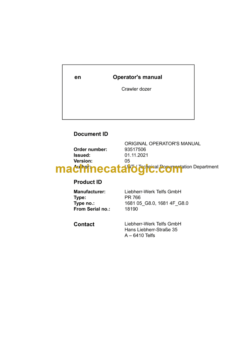 Liebherr PR 766 Crawler Dozer Operating Manual (From SN 18190)